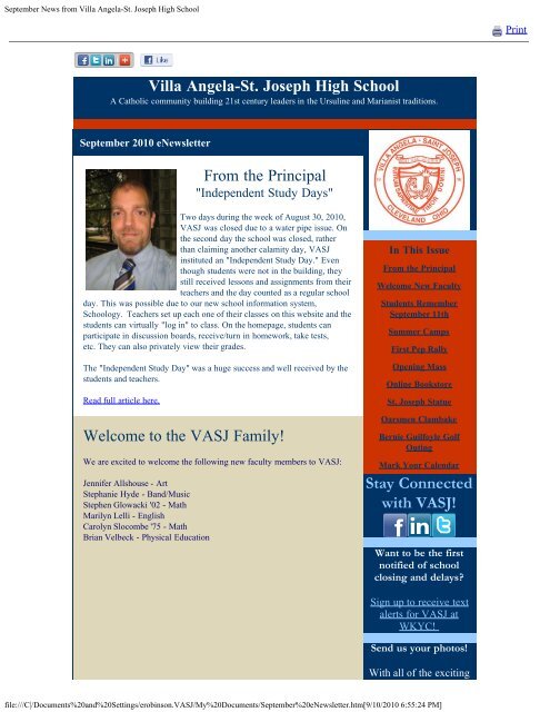 September 2010 eNewsletter - Villa Angela-St. Joseph High School