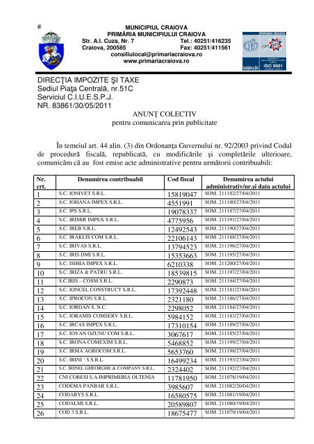 DIRECŢIA IMPOZITE ŞI TAXE Sediul Piaţa ... - Primaria Craiova