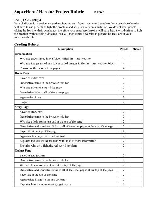 SuperHero / Heroine Project Rubric