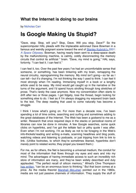 nicholas carr is google making us stupid essay