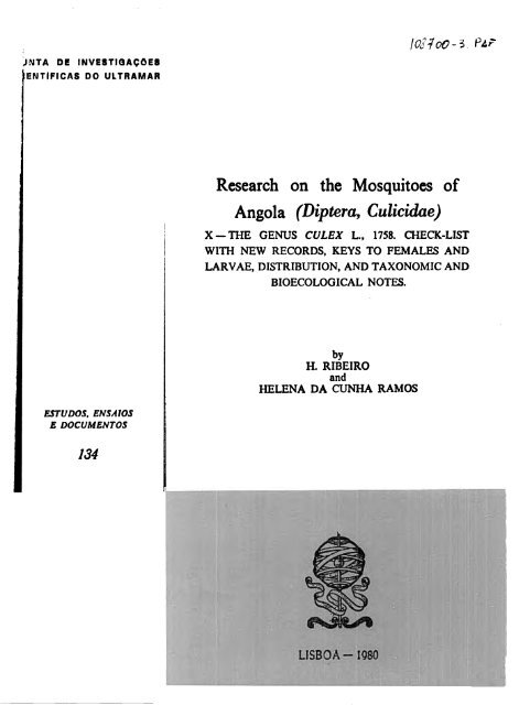 Research on the mosquitoes of Angola - Systematic Catalog of ...