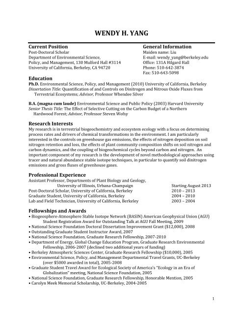 wendy h. yang - Our Environment at Berkeley: Department of ...