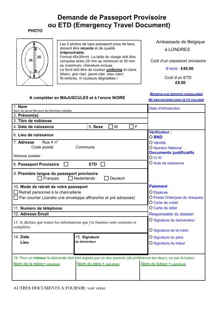 Demande de Passeport Provisoire ou ETD (Emergency Travel Document)