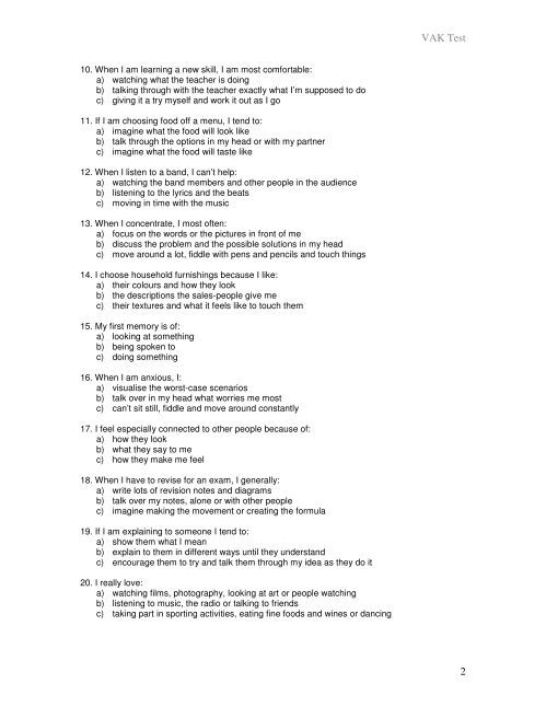 Free VAK Visual Auditory Kinaesthetic Learning Styles Test