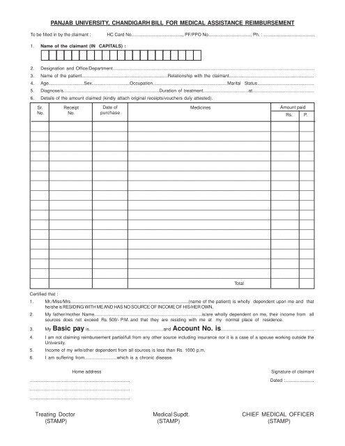 Medical Reimbursement Form pdf University Forms Panjab Medical Reimbursement Form pdf University Forms Panjab