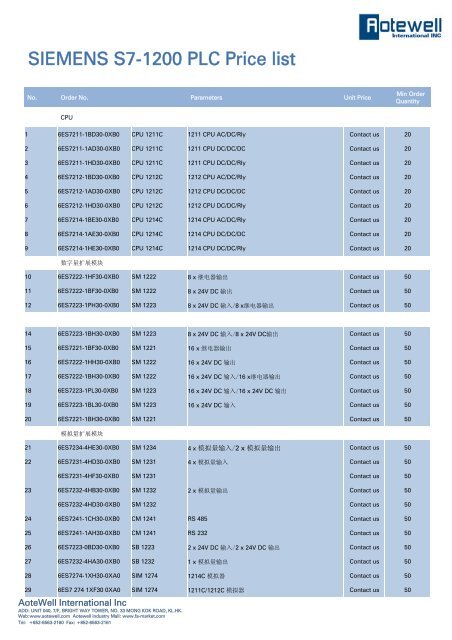 SIEMENS S7 1200 PLC Price List