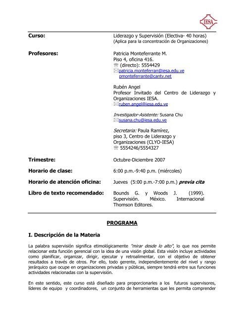 Curso: Profesores: Trimestre: Horario de clase ... - Servicios IESA