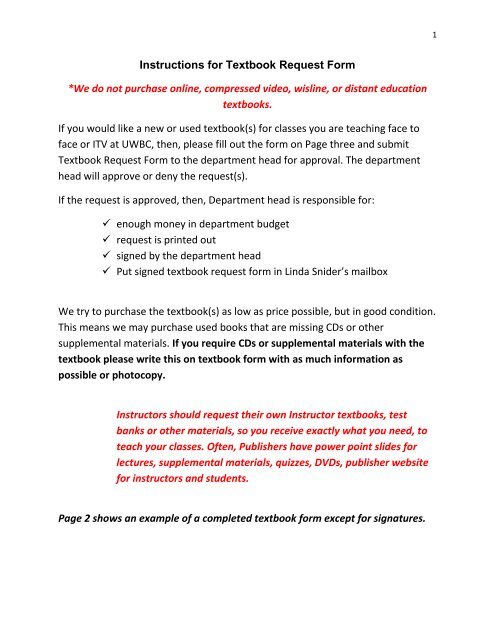 Instructions for Textbook Request Form *We do not purchase online ...