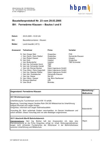 Baustellenprotokoll Nr. 23 vom 29.03.2005 BV ... - Brennercom