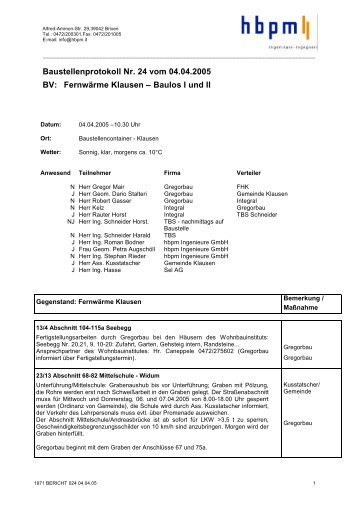 Baustellenprotokoll Nr. 24 vom 04.04.2005 BV ... - Brennercom