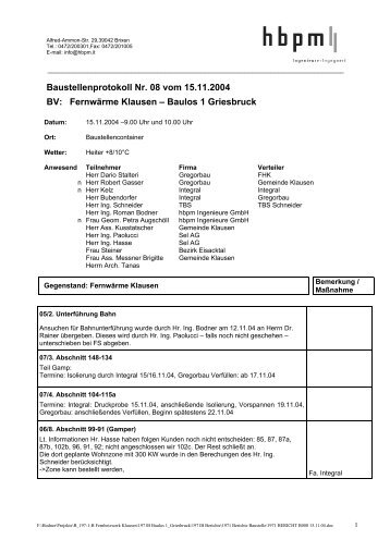 Baustellenprotokoll Nr. 08 vom 15.11.2004 BV ... - Brennercom