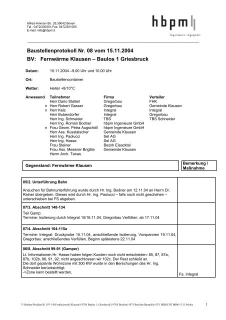 Baustellenprotokoll Nr. 08 vom 15.11.2004 BV ... - Brennercom