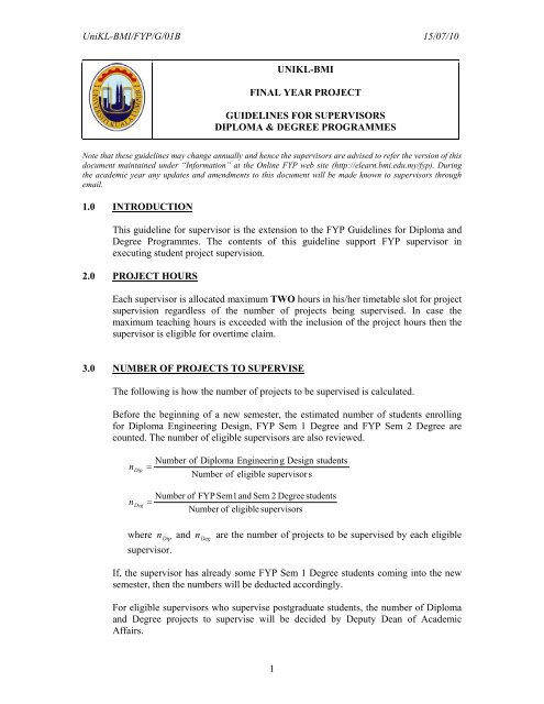 Unikl Bmi Guidelines For Supervisors Unikl Bmi Final Year Project