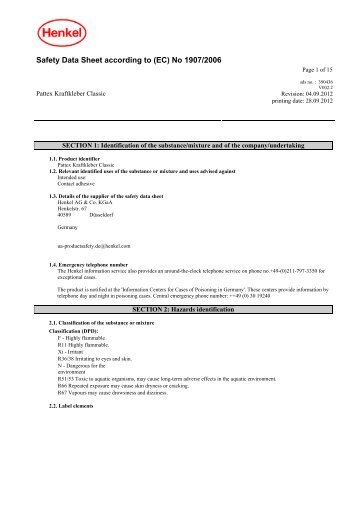 MSDS-No. 390436 V002.2 Pattex Kraftkleber Classic Page 3 of 15