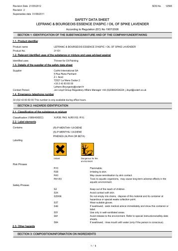 SAFETY DATA SHEET LEFRANC & BOURGEOIS ESSENCE D'ASPIC / OIL OF SPIKE LAVENDER