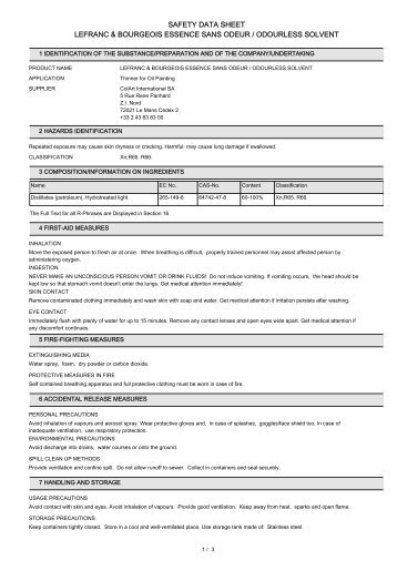 SAFETY DATA SHEET LEFRANC & BOURGEOIS ESSENCE SANS ODEUR / ODOURLESS SOLVENT