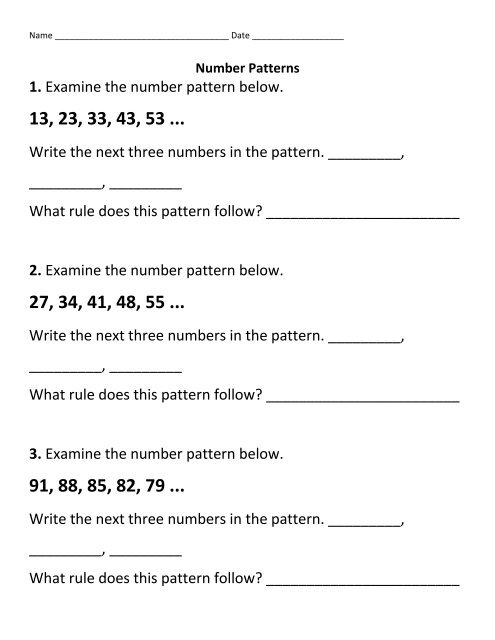 1. Examine the number pattern below. Write the next three numbers ...