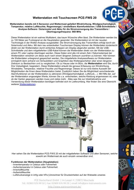 Wetterstation mit Touchscreen PCE-FWS 20 - PCE Deutschland ...