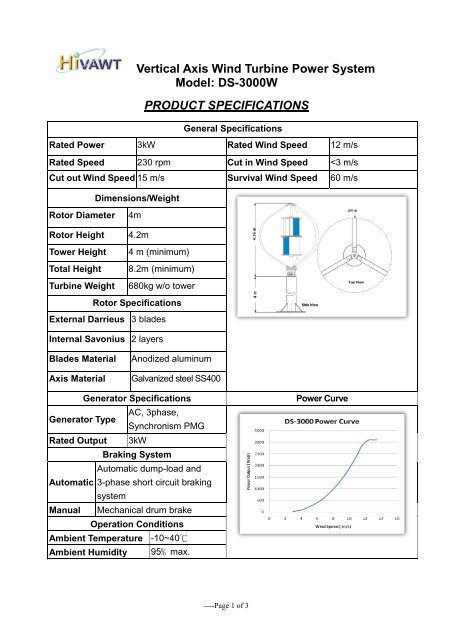 Vertical Axis Wind Turbine Power System Model DS-3000W PRODUCT SPECIFICATIONS