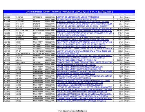 Lista de precios IMPORTACIONES FABIOLA DE CANCUN S.A de C.V (03/09/2015 )