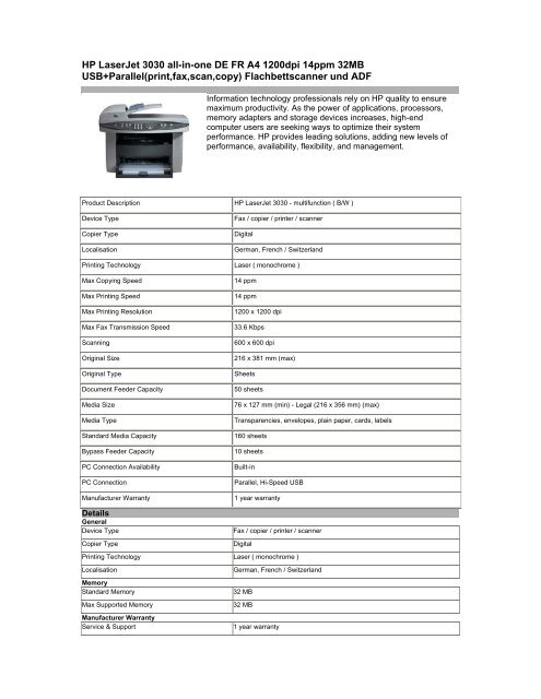 HP LaserJet 3030 all-in-one DE FR A4 1200dpi 14ppm 32MB ... - Evok