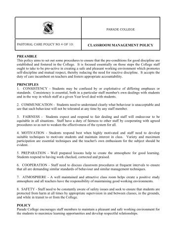 CLASS ROOM MANAGEMENT POLICY - Parade College