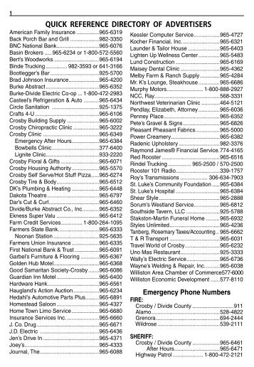 QUICK REFERENCE DIRECTORY OF ADVERTISERS Emergency Phone Numbers