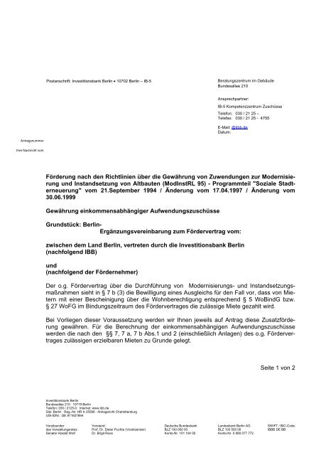 Postanschrift: Investitionsbank Berlin  10702 Berlin