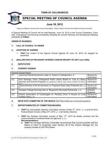SPECIAL MEETING OF COUNCIL AGENDA