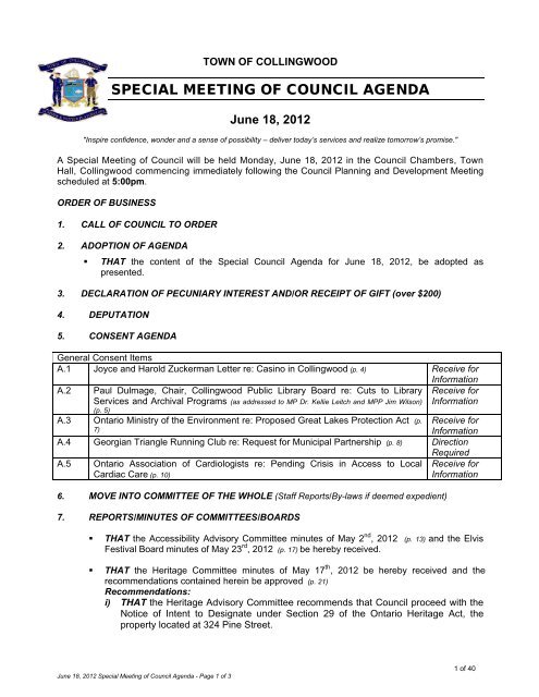 SPECIAL MEETING OF COUNCIL AGENDA