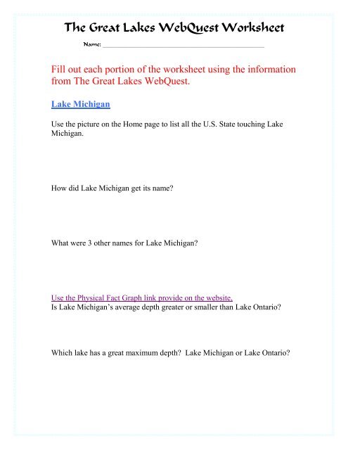 The Great Lakes WebQuest Worksheet