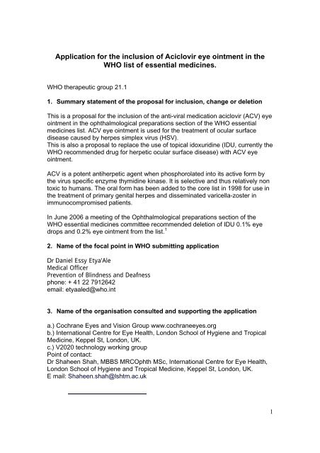 Application for the inclusion of Aciclovir eye ointment in the WHO list ...