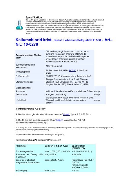 Kaliumchlorid krist. reinst, Lebensmittelqualität ... - OMIKRON-ONLINE