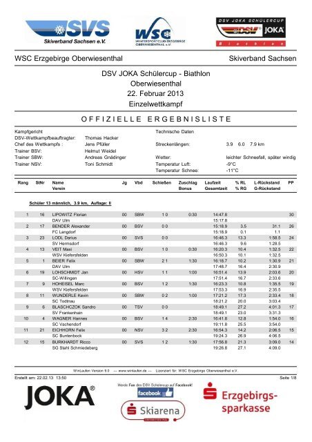 Biathlon Oberwiesenthal 22. Februar 2013 Einzelwettkampf - WSC ...