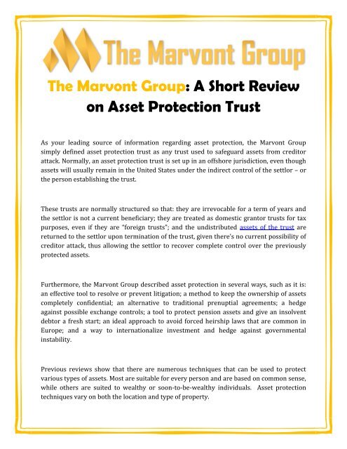 The Marvont Group: A Short Review on Asset Protection Trust