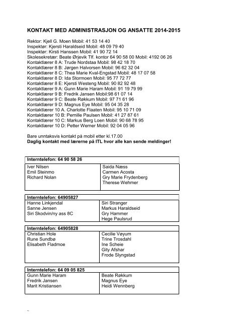 KONTAKT MED ADMINISTRASJON OG ANSATTE 2014-2015