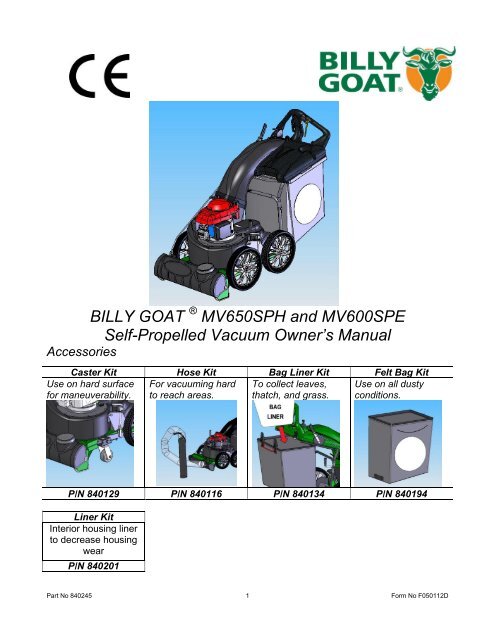 BILLY GOAT MV650SPH and MV600SPE Self-Propelled Vacuum Owner’s Manual