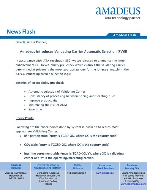 Amadeus Introduces Validating Carrier Automatic Selection (FV)!!!