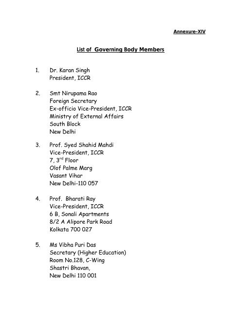 Annexure 14 (List of Governing Body Members of the ICCR)