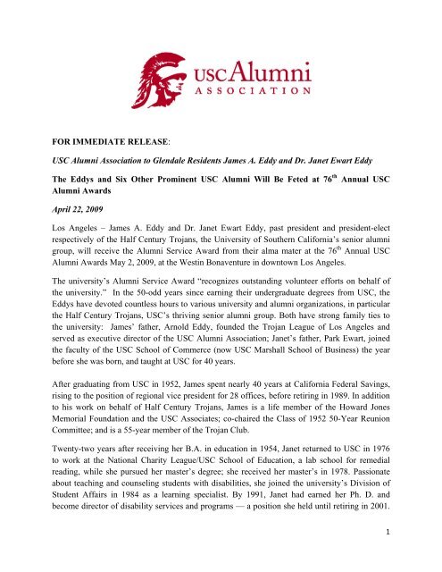 USC Alumni Association to Glendale Residents James A. Eddy and ...