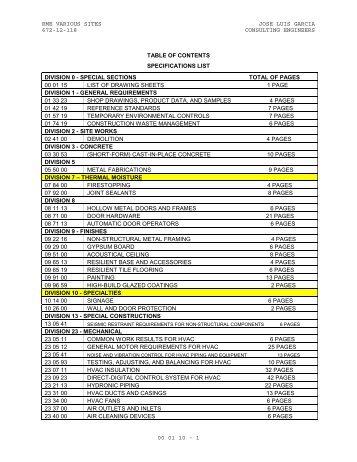 1 table of contents specifications list division 0