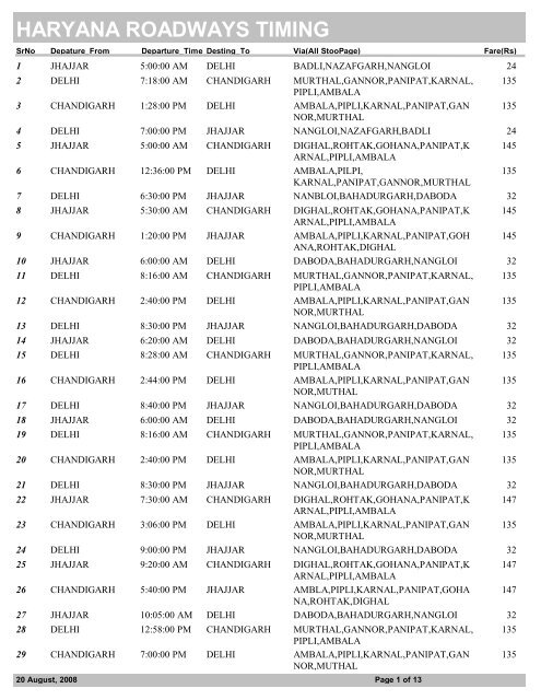 HARYANA ROADWAYS TIMING - District Jhajjar, Haryana