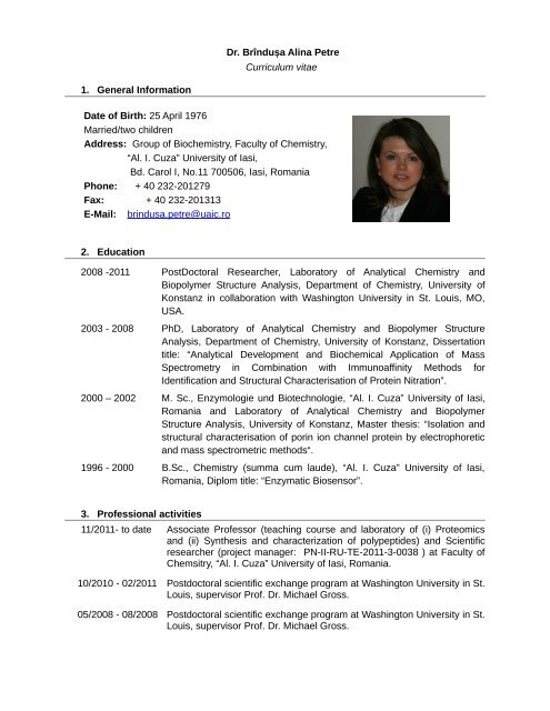 Dr. BrÃ®nduÈa Alina Petre Curriculum vitae 1. General Information ...