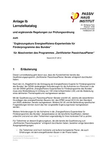 Anlage Ib Lernzielkatalog - Zertifizierter PassivhausPlaner