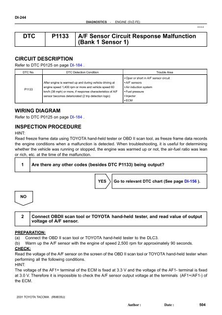 DTC P1133 A/F Sensor Circuit Response Malfunction (Bank 1 Sensor 1)