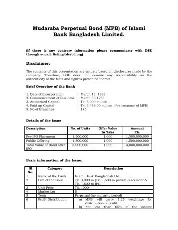 Mudaraba Perpetual Bond (MPB) of Islami Bank Bangladesh Limited