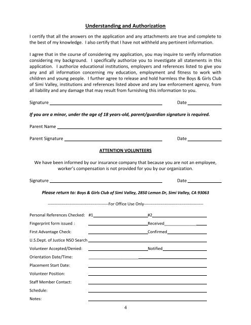 Boys & Girls Club of Simi Valley VOLUNTEER APPLICATION