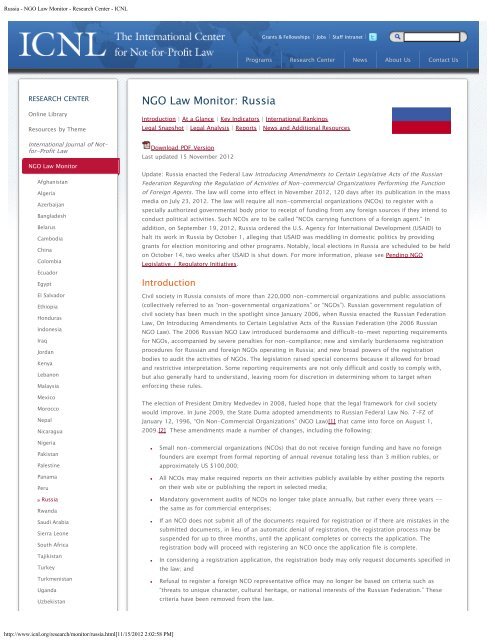Russia - NGO Law Monitor - Research Center - ICNL