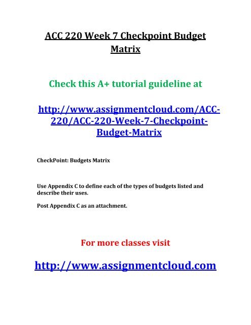 ACC 220 Week 7 Checkpoint Budget Matrix