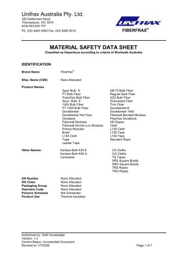 Unifrax Australia Pty Ltd MATERIAL SAFETY DATA SHEET